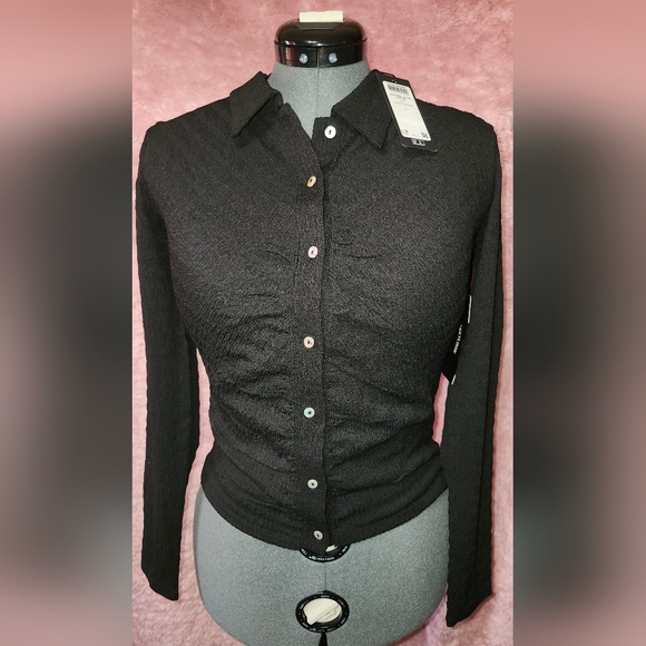 NEVER WORN Vera Moda size L black stretchy long-sleeved collared blouse - Picture 8 of 9